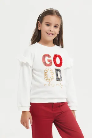 Girls White Applique Work Sweatshirt