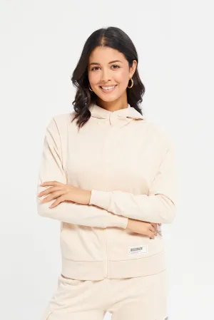 Women Beige Zip Through Hooded Sweatshirt